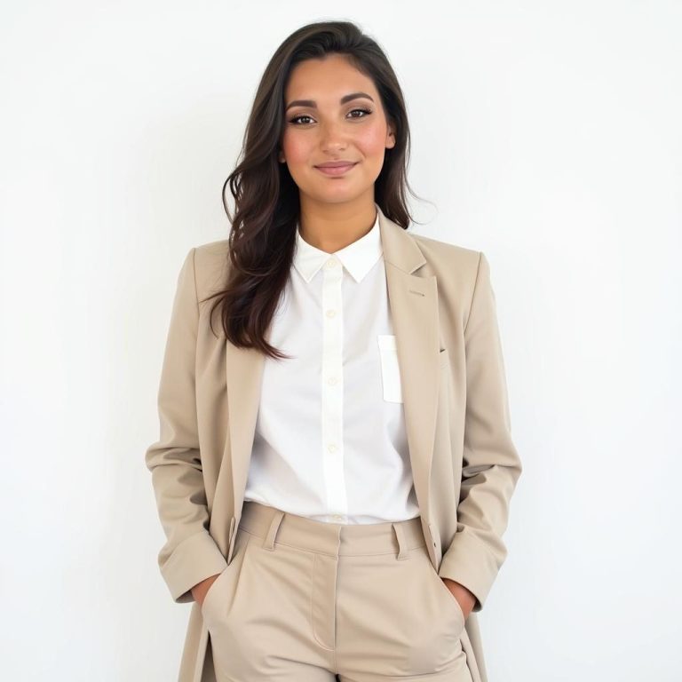 Amber Mock Woman in a beige suit and white shirt, smiling confidently against a white background.