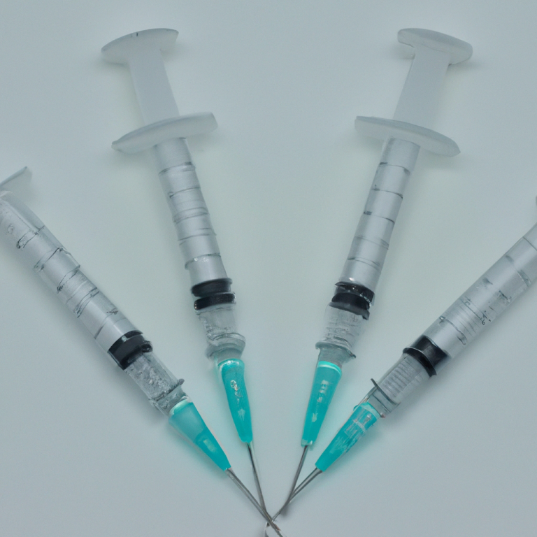 Four medical syringes with turquoise needles arranged in a star pattern.